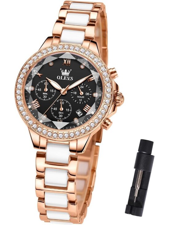 Accessories - Women's Rose/Black Ceramic and Stainless Steel Bracelet Mother of Pearl Watches